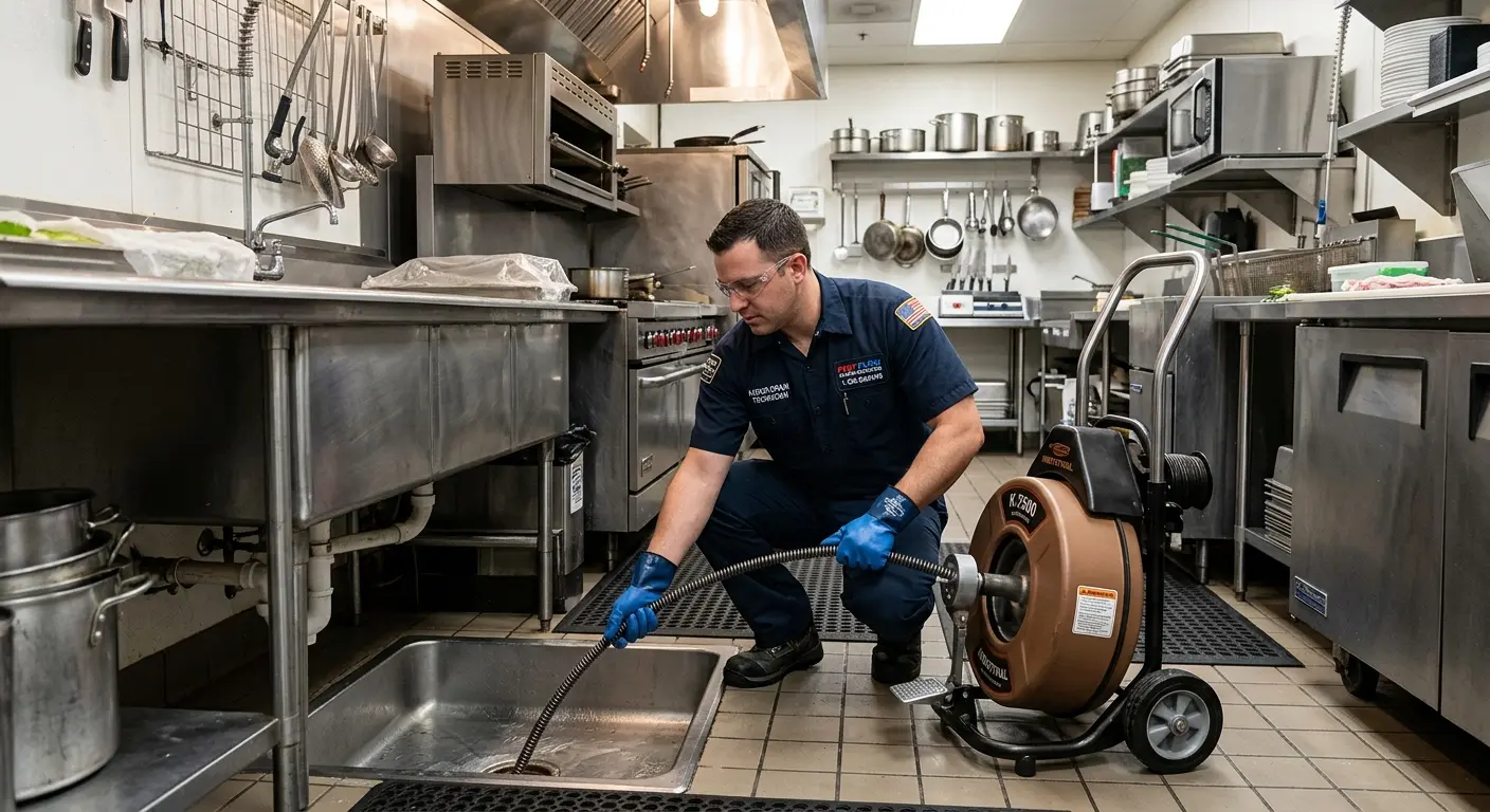 Commercial drain cleaning service in a restaurant kitchen in Prospect Park