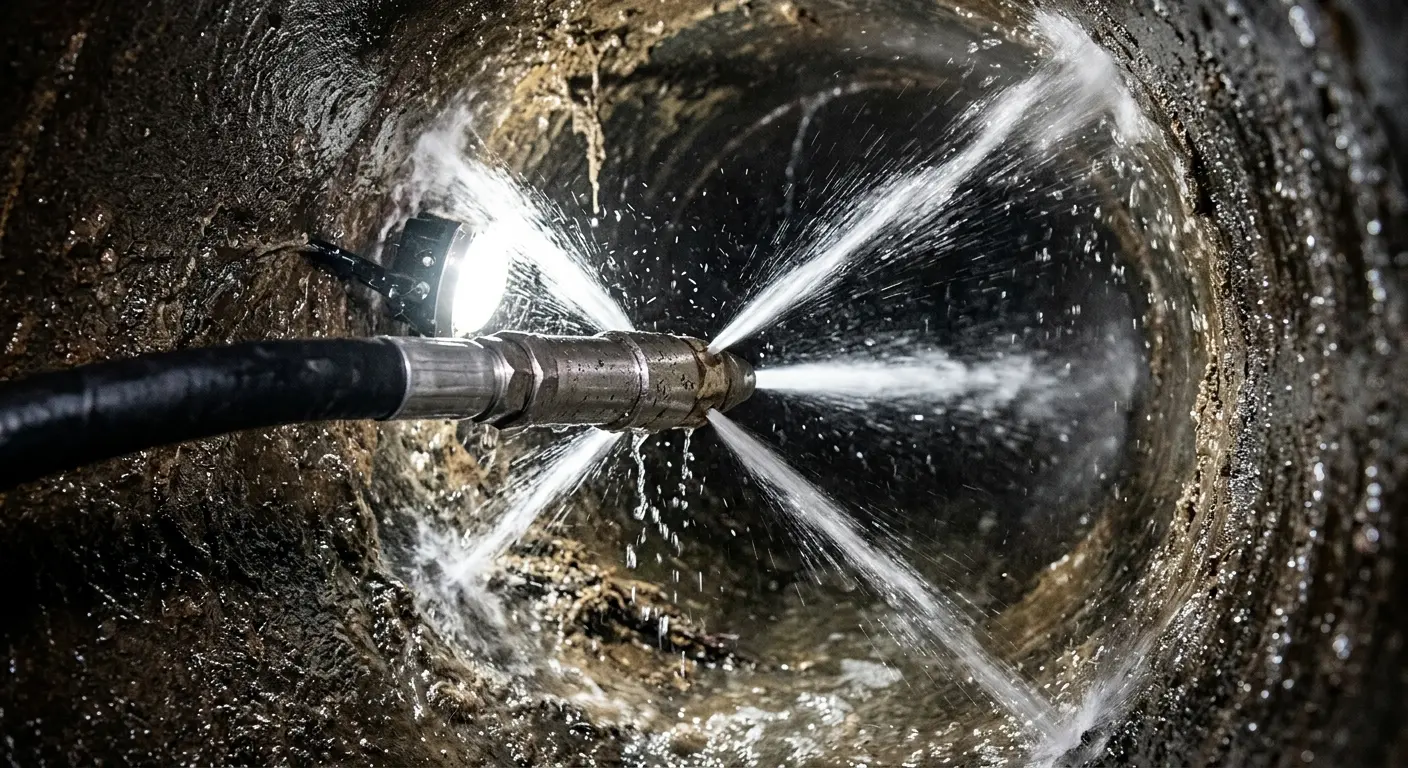 High-pressure hydro jetting nozzle cleaning sewer pipe for Emergency Drain Service in Prospect Park