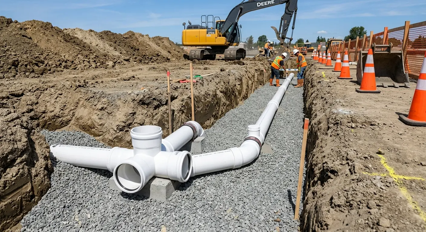 New PVC sewer pipe installation in open trench for Sewer Backup in Prospect Park