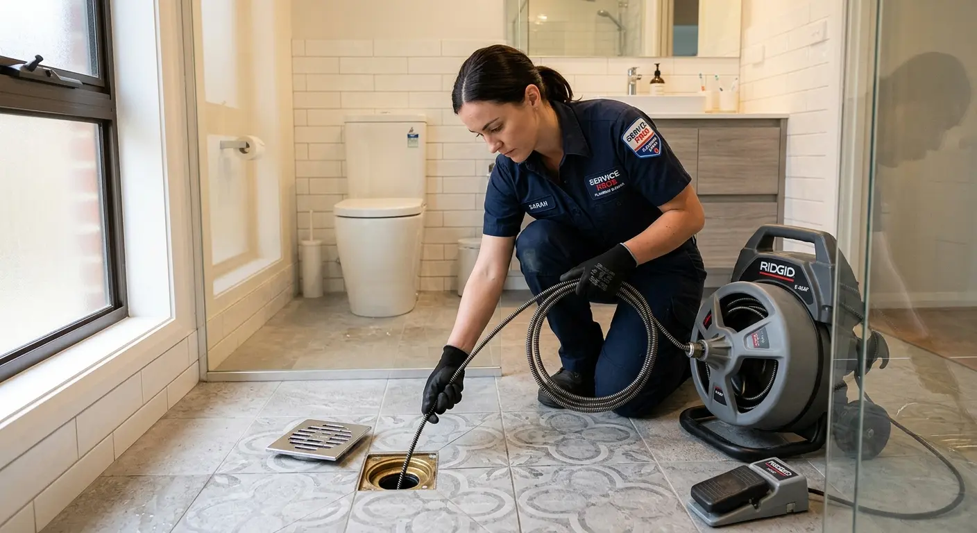 Technician clearing a bathroom floor drain for Hydro Jetting in Prospect Park